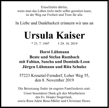 Traueranzeige von Ursula Kaiser von Siegener Zeitung