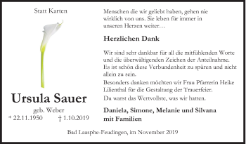 Traueranzeige von Ursula Sauer von Siegener Zeitung
