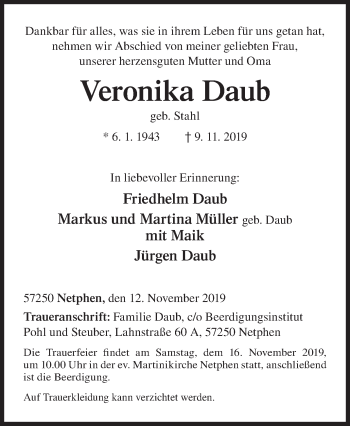 Traueranzeige von Veronika Daub von Siegener Zeitung