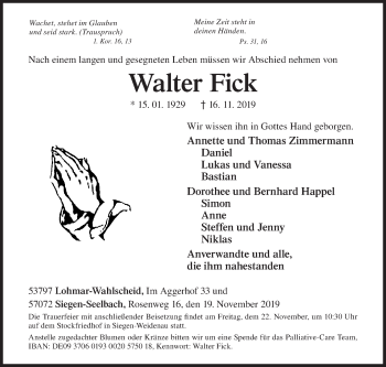 Traueranzeige von Walter Fick von Siegener Zeitung