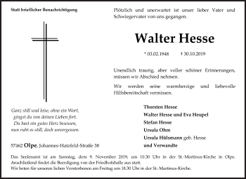 Traueranzeige von Walter Hesse von Siegener Zeitung
