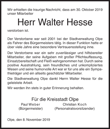 Traueranzeige von Walter Hesse von Siegener Zeitung