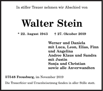 Traueranzeige von Walter Stein von Siegener Zeitung
