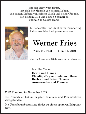 Traueranzeige von Werner Fries von Siegener Zeitung