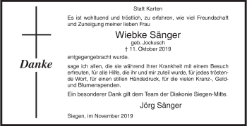 Traueranzeige von Wiebke Sänger von Siegener Zeitung