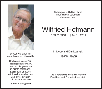 Traueranzeige von Wilfried Hofmann von Siegener Zeitung