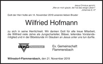 Traueranzeige von Wilfried Hofmann von Siegener Zeitung