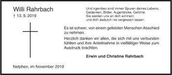 Traueranzeige von Willi Rahrbach von Siegener Zeitung