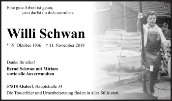 Traueranzeige von Willi Schwan von Siegener Zeitung