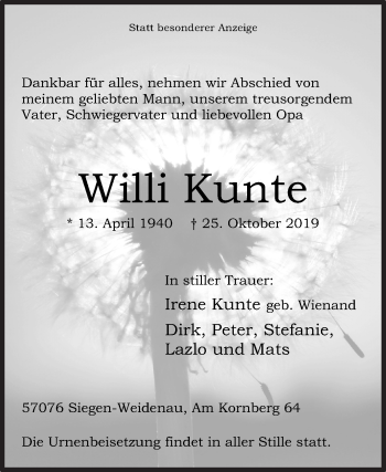 Traueranzeige von WilliKunte Kunte von Siegener Zeitung