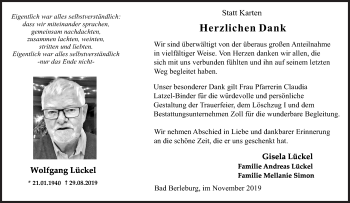 Traueranzeige von Wolfgang Lückel von Siegener Zeitung