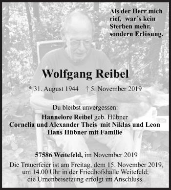 Traueranzeige von Wolfgang Reibel von Siegener Zeitung