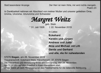 Traueranzeige von gergret Weitz von Siegener Zeitung