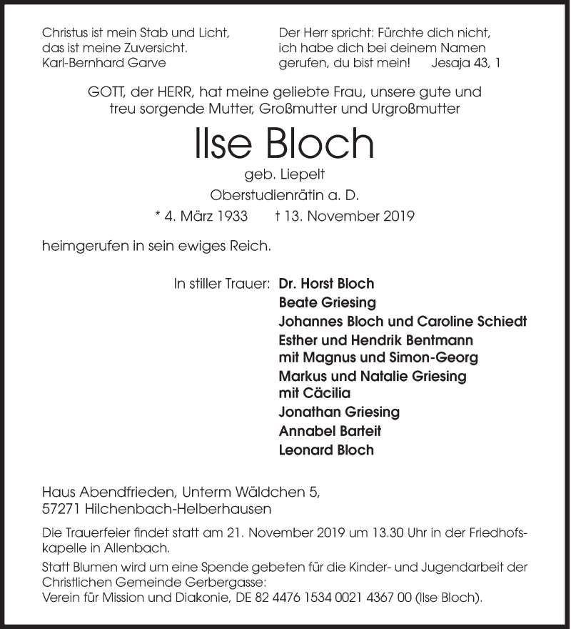  Traueranzeige für llse Bloch vom 16.11.2019 aus Siegener Zeitung