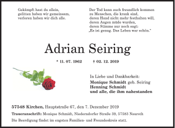 Traueranzeige von Adrian Seiring von Siegener Zeitung