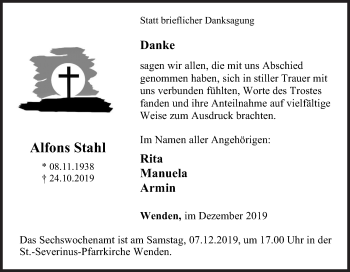 Traueranzeige von Alfons Stahl von Siegener Zeitung
