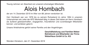 Traueranzeige von Alois Hombach von Siegener Zeitung