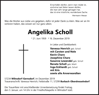 Traueranzeige von Angelika Scholl von Siegener Zeitung