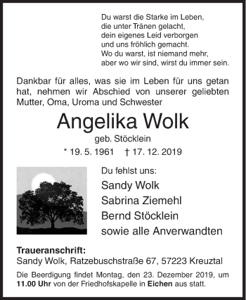 Traueranzeige von Angelika Wolk von Siegener Zeitung