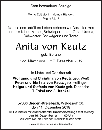 Traueranzeige von Anita von Keutz von Siegener Zeitung