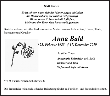 Traueranzeige von Anna Bald von Siegener Zeitung