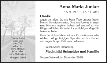 Traueranzeige von Anna-Maria Junker von Siegener Zeitung