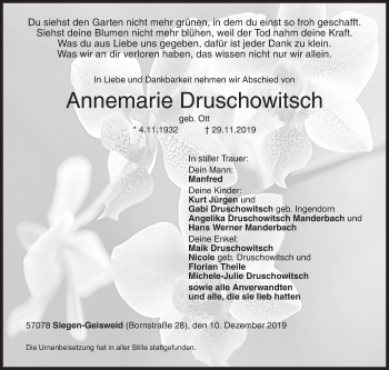 Traueranzeige von Annemarie Druschowitsch von Siegener Zeitung