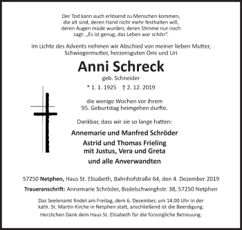 Traueranzeige von Anni Schreck von Siegener Zeitung