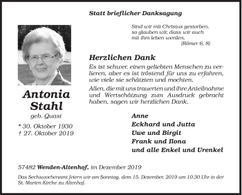 Traueranzeige von Antonia  Stahl von Siegener Zeitung