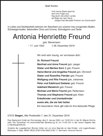 Traueranzeige von Antonia Henriette Freund von Siegener Zeitung