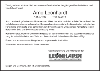 Traueranzeige von Arno Leonhardt von Siegener Zeitung