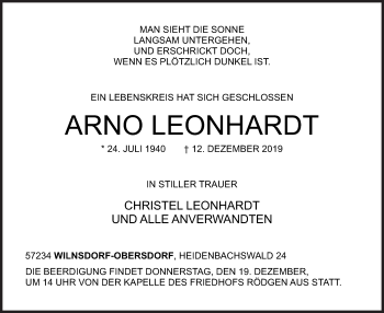 Traueranzeige von Arno Leonhardt von Siegener Zeitung