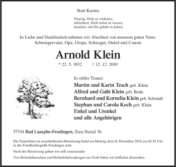 Traueranzeige von Arnold Klein von Siegener Zeitung