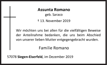 Traueranzeige von Assunta Romano von Siegener Zeitung