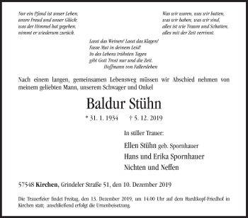 Traueranzeige von Baldur Stühn von Siegener Zeitung