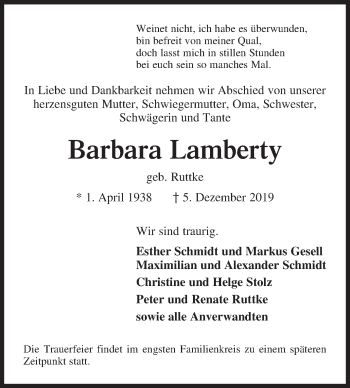 Traueranzeige von Barbara Lamberty von Siegener Zeitung