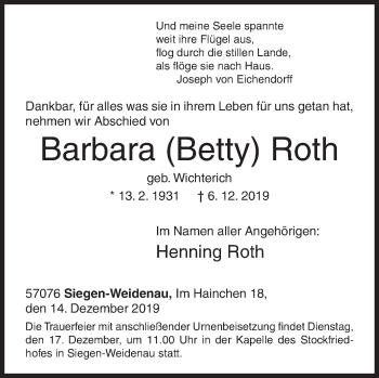 Traueranzeige von Barbara Roth von Siegener Zeitung