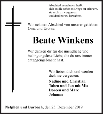 Traueranzeige von Beate Winkens von Siegener Zeitung