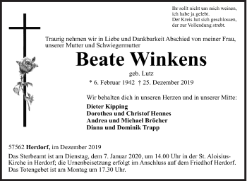 Traueranzeige von Beate Winkens von Siegener Zeitung
