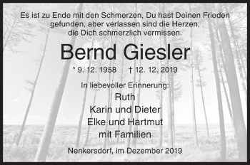 Traueranzeige von Bernd Giesler von Siegener Zeitung