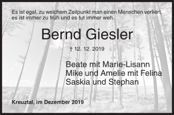 Traueranzeige von Bernd Giesler von Siegener Zeitung