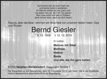 Traueranzeige von Bernd Giesler von Siegener Zeitung