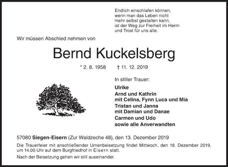  Traueranzeige für Bernd Kuckelsberg vom 13.12.2019 aus Siegener Zeitung
