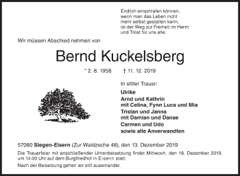 Traueranzeige von Bernd Kuckelsberg von Siegener Zeitung