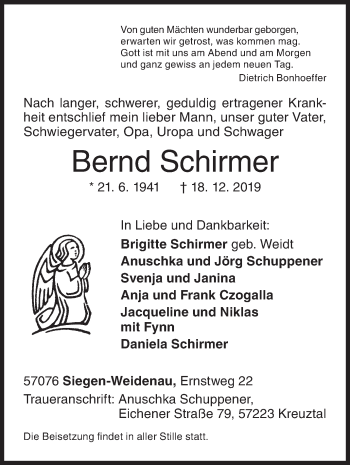 Traueranzeige von Bernd Schirmer von Siegener Zeitung