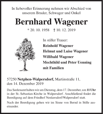 Traueranzeige von Bernhard Wagener von Siegener Zeitung