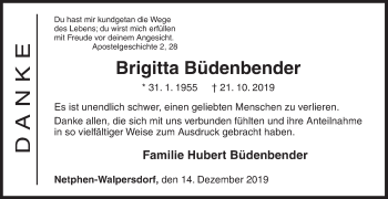 Traueranzeige von Brigitta Büdenbender von Siegener Zeitung