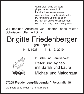 Traueranzeige von Brigitte Friedenberger von Siegener Zeitung