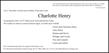 Traueranzeige von Charlotte Henry von Siegener Zeitung
