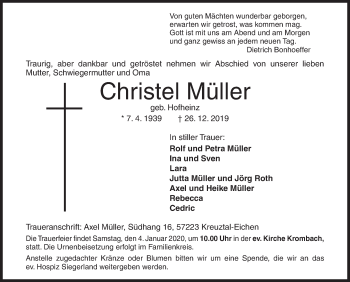 Traueranzeige von Christel Müller von Siegener Zeitung
